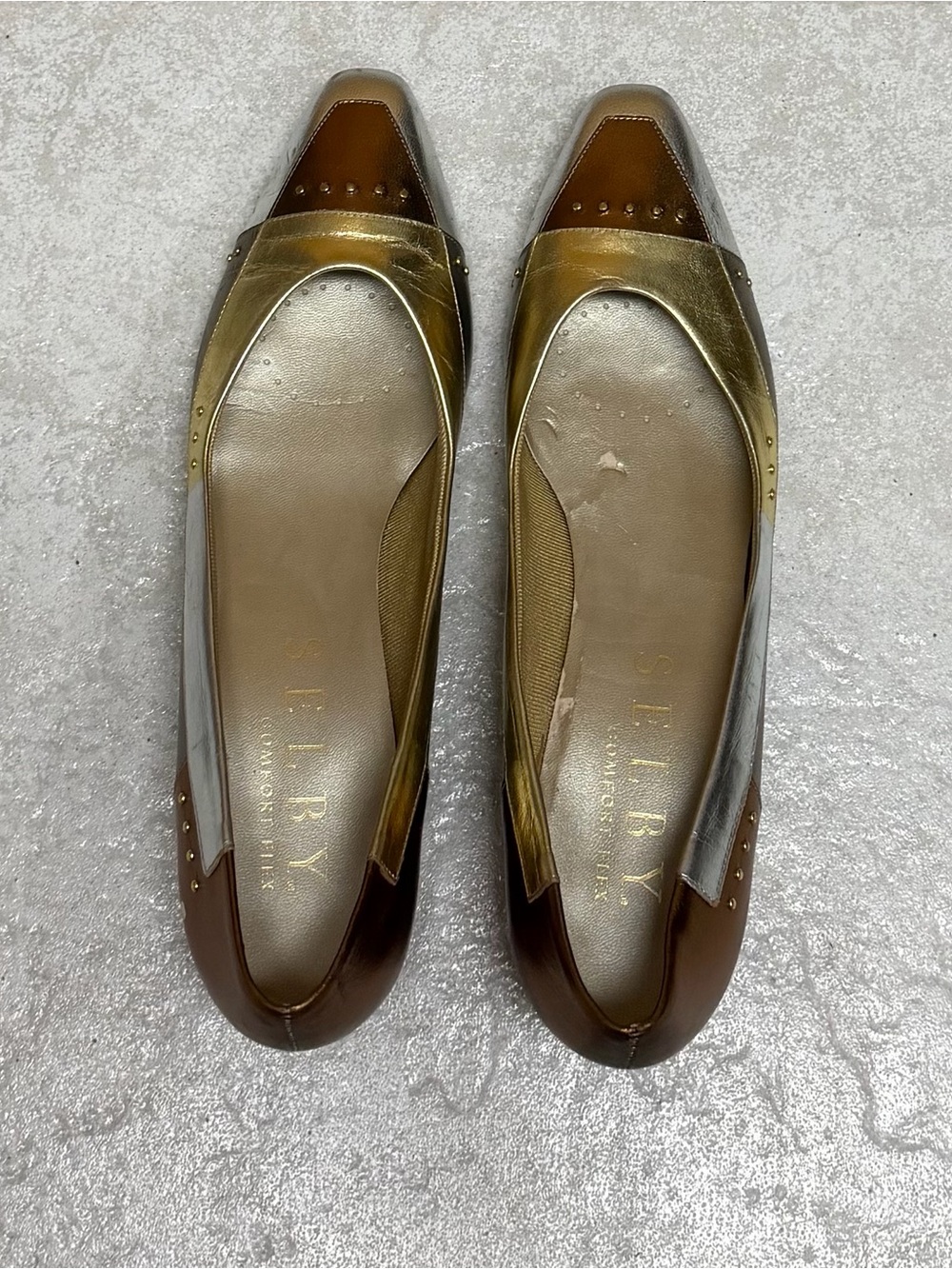 Selby Metallic Leather Colorblock Flats Gold Silver Bronze